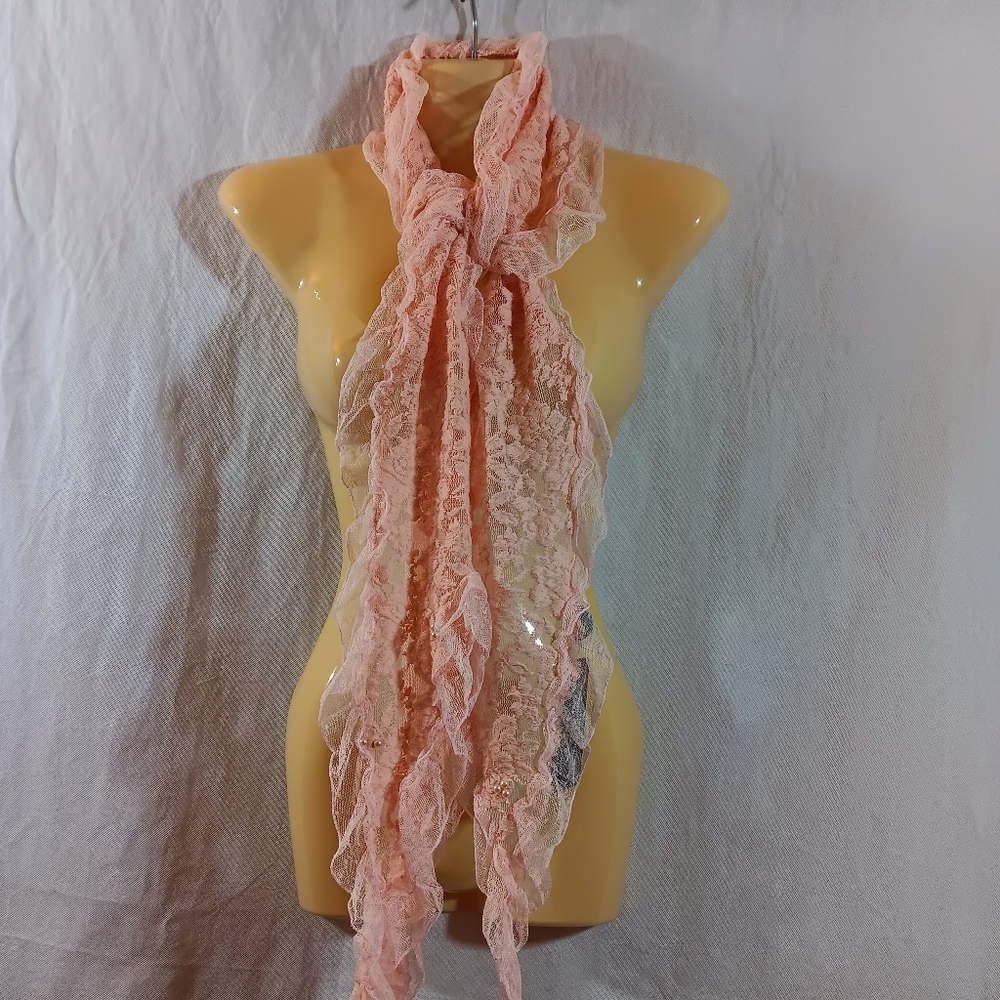 Womens NWT Pink Lace Scarf Pearl Embellished Ruffles Stretch Fairy